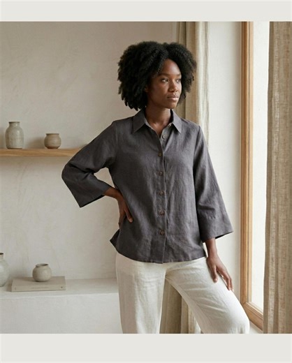 Organic Linen Blouse With Batwing Sleeves | Pure Linen Batwing Blouse | Loose Sustainable Blouse| Soft Linen Top With Chic Collar - Etsy