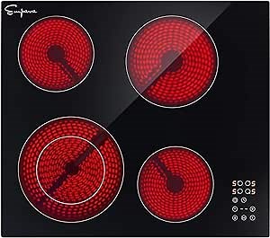 Empava 24-Inch Electric Radiant Cooktop 4 Burners Stove Top 6400W with 1-99 Minutes Timer and 9 Heating Levels Smooth Glass Surface in Black, 24 Inch