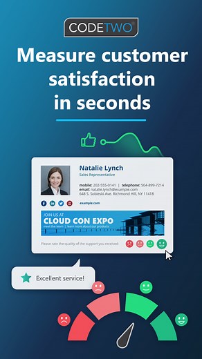One-click surveys – the easiest way to measure customer satisfaction. New free feature for CodeTwo Email Signatures 365 subscribers. | CodeTwo