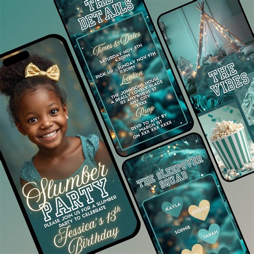 Slumber Party Birthday Invitation, Animated Girls Sleepover Teal Invite With Music, Pajama Party Digital Video Evite, Teen Tween Celebration - Etsy