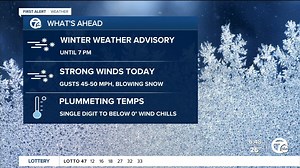 2.1K views · 41 reactions | Metro Detroit weather: High winds & blowing snow can be expected today with temps dropping. Strong winds will gust to 45-50 mph. As the system moves away Sunday, temperatures plummet with highs in the teens and lows in the single digits into next week. Full forecast: https://shorturl.at/dCNV7 | WXYZ-TV Channel 7 | Facebook