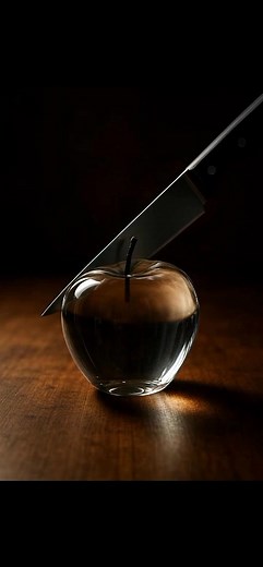 try making this video.. here's the prompt ��� A hyper-realistic ASMR-style cinematic video of a man slowly slicing a transparent glass apple on a wooden table. The scene is vertical (9:16) with soft, focused lighting that glimmers on the glass and the steel blade. Each movement of the knife is deliberate and slow, creating a deeply satisfying visual rhythm. Capture the subtle reflections, delicate tension before the slice, and the gentle scrape of metal against glass. The atmosphere is calm and 