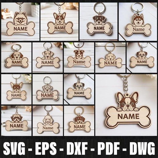 Peeking Dog Keychain SVG Bundle Laser Cut Files Glowforge | Personalized Pet Name Tag DXF EPS - Etsy
