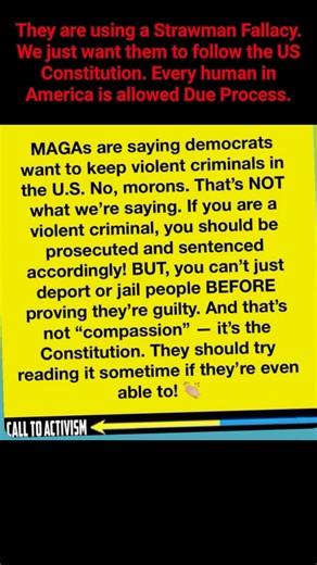 33K views · 2.5K reactions | They are using a Strawman Fallacy. We just want them to follow the US Constitution. Every human in America is allowed Due Process. | In Defense of America's Traditional Liberal Values | Facebook