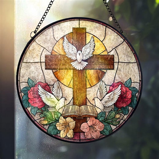 Christian Cross Stained Glass Suncatcher With Doves and Bible, Holy Spirit Window Hanging, Religious Church Decor, Faith Gift - Etsy