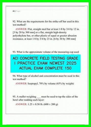 ACI CONCRETE FIELD TESTING GRADE I PRACTICE EXAM NEWEST 2025 ACTUAL EXAM COMPLETE 150 video