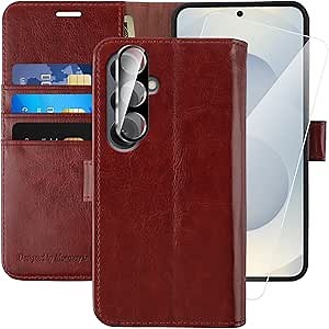 MONASAY Wallet Case Fit for Samsung Galaxy S25 5G, [Lens & Glass Screen Protector Included] [RFID Blocking] Flip Folio Leather Cell Phone Cover with Credit Card Holder, 6.2 inch, Burgundy