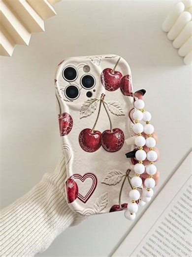 Cremefarbene strukturierte Wellen-Rand glänzende Kirschholz lackierte Anti-Sturz Handyhülle mit handgefertigter Perlen-Armband, kompatibel mit iPhone 16/11/16pro/16plus/16promax/16e/15Promax/13/14/12/XS/X, kompatibel mit Galaxy S25/S25PLUS/S25 Ultra/A16/A36/A26/A56, 11/12Pro/12/12X/13Pro/14Pro/15Pro/, kompatibel mit Redmi 10/9/Note9/12c/Note11pro/Note8Pro, internationale Version, nicht die Inlandsversion | SHEIN