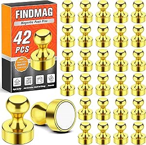 FINDMAG Fridge Magnets, Heavy Duty Aesthetic Refrigerator Magnets, Strong Small Magnetic Push Pins for Whiteboard, Cool Gold Locker Magnet for Office, Kitchen, Classroom, Home Decor, Pack of 42