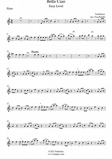 Bella Ciao (niveau facile) (Traditionnel) - Partition Flûte