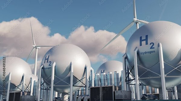 H2 production and storage facility featuring spherical tanks and integrated wind farms against the background of a sky. Small bloom. Glow effect. Time lapse. 3D render.