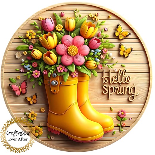 Hello Spring Wreath Sign, Yellow Rain Boots Floral Metal Wreath Attachment, Spring Flower Door Hanger Sign, 10 Inch Round - Etsy