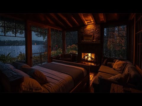 Rainy Night Lake Cabin Bedroom 🌧️ No Ads | Warm Fireplace & Heavy Rain Sounds for Deep Sleep