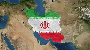 Zoom from Earth to Iran. (Country Flag) World map animation with highlighted borders of countries. Images from NASA