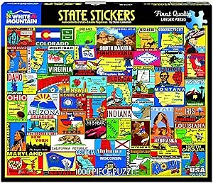 White Mountain 1000 Piece Jigsaw Puzzle Vintage States Collage Puzzles with Large Pieces for Adults and Family 24"x30" - State Travel Stickers