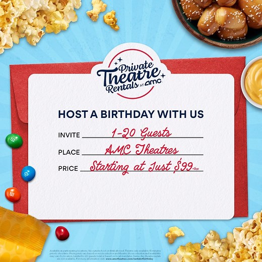 Host a birthday party with us! Invite 1-20 guests to watch a fan fave or a new movie with a Private Theatre Rental at AMC. Plus, save on snacks for large groups with our new Party Packs. Book Now: https://amc.film/2J9dLgf | AMC Theatres