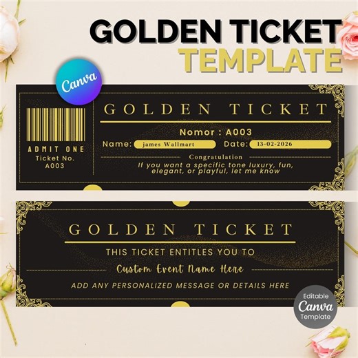 Elegant Golden Ticket Template | Printable Golden Ticket Editable Template | Golden Event Ticket | Custom Ticket Invitation - Etsy