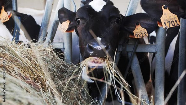 Cow eating hay in a farm, close-up shot
