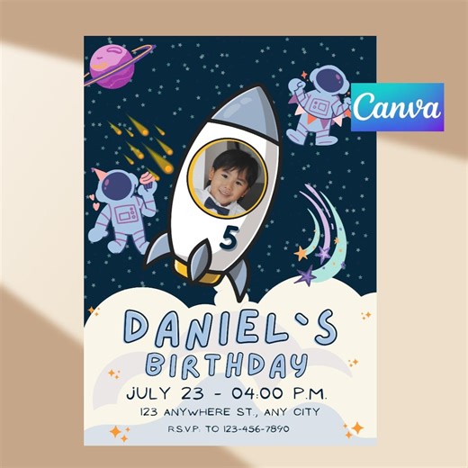 Astronaut Birthday Invitation | Rocket Photo, Space Party (canva Template) (digital Download) - Etsy