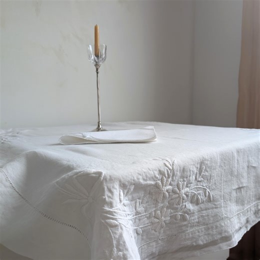 Antique French Linen Tablecloth | Hand Embroidered Florals & Bows | Heirloom White Linen | 34 X 32 - Etsy