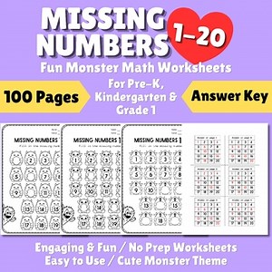 Missing Numbers 1-20 Worksheets with Answers | 100 Pages Monster Math Pack