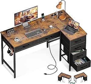 Coleshome 42 Inch L Shaped Desk with Drawers, Computer Desk with Power Outlets, Home Office Desk with 6 Drawers, Reversible Corner Desk for Small Space, Study Work Table with Hook, Vintage