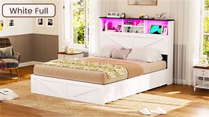 VIAGDO Farmhouse Bed Frame Twin Size with Bookcase Storage Headboard, Charging Station and LED Lights, Wooden Twin Bed Frames with 4 Drawers, Barn Door Design, No Box Spring Needed, No Noise, Grey