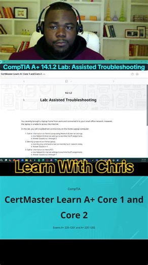 🌐 CompTIA A Lab 14.1.2 — Assisted Troubleshooting This lab demonstrates a structured approach to troubleshooting computer and network issues using step-by-step methods and diagnostic tools, emphasizing logical problem-solving. 🧠 Key Concepts Assisted Troubleshooting Overview: Follows a structured methodology to identify and resolve issues efficiently. Combines hardware inspection, software diagnosis, and user guidance. Reduces trial-and-error and minimizes downtime. CompTIA Exam Tip: Understan