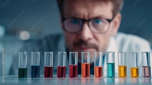 A scientist examining various colorful liquids in test tubes, highlighting scientific analysis