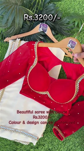Customizable Red and Off-White Saree with Blouse