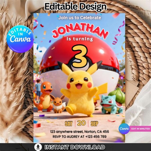 Pokemon Birthday Invitation Template, Pikachu Party Invite, Editable Kids Card, Pokeball Celebration, Digital and Instant Download - Etsy UK