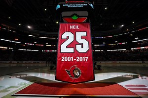 Chris Neil expresses tears of joy as Senators raise his number 25 to the rafters