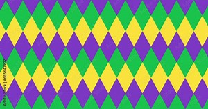 Mardi Gras Fat Tuesday. Animation Mardi Gras pattern with diamond symbol green, yellow and purple color. Carnival background 4K seamless loop video moving from left to right and from top to bottom