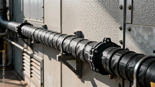 Medium shot of explosionproof conduit running along industrial walls showcasing rugged protective wiring designed for hazardous environments.