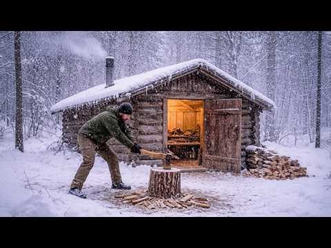 Building a Silver Log Cabin in the Wild Winter Forest | Primitive Survival