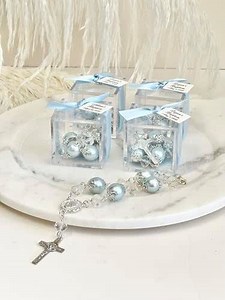 12 pcs Rosary Baptism Favors Box, 1st Communion, Custom Christening Favors, Rosary Cross Favors, Favors, First Communion Souvenirs, Personalized Baptism Gifts, Pink Rosary (Blue)