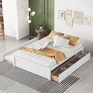 Full Size Bed Frame with Trundle and 2 Storage Drawers,Solid Wood Trundle Bed,Platform Bed Full for Kids,Teens,Adults,White