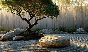 Serene zen garden with a bonsai tree and raked gravel patterns.