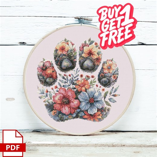 Floral Paw Print Cross Stitch Pattern (PDF Download), Dog Mom Needlepoint Chart - Etsy