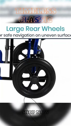 Vive Health Transport Wheelchair Lightweight Folding Chair Rear Wheels Safety Brakes 300 lb Capacity