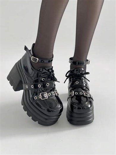 10cm Super High Heel Thick Sole Mary Jane Shoes, 2026 Spring New Black Glossy Patent Leather Punk Style Rivet Buckle One-Strap Lace-Up Splice Sweet & Spicy Subculture Platform Loafers, Fashion Versatile Shoes | SHEIN