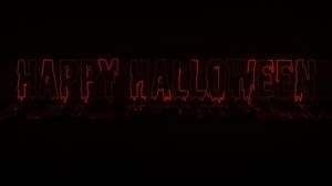 Happy Halloween neon signboard with floor reflaction on dark background. Letters contour. Greeting for halloween orange color.