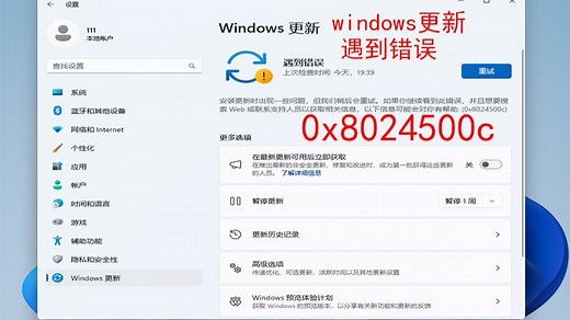无法更新windows、windows更新遇到错误、提示“安装更新时出现一些问题，但我们稍微会重试。0x8024500c”