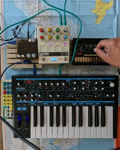 Norns Shield Fall Script, Novation BassStation 2, Chroma Console and Volca Beats