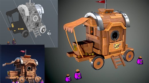 【次世代建模】风格化马车UV+烘法线+材质讲解完结教程。maya+RizomUV展uv，八猴法线烘焙，pt材质制作。次世代场景建模教程