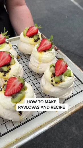 ✨ PAVLOVA RECIPE ✨ Serves: 12 Prep time: 30 minutes, plus overnight cooling time Bake time: 2.5 hours 250ml egg whites 350ml caster sugar 2 tsp white vinegar 1 tbsp cornflour 1 tsp vanilla essence Garnishing: whipped cream fresh berries passionfruit syrup Preheat your oven to 100°C fan bake. Line a flat tray with baking paper. Put the egg whites and sugar into the bowl of your stand mixer and beat for 20 minutes. Remove the bowl from the stand mixer and very gently fold in the vinegar, cornflour