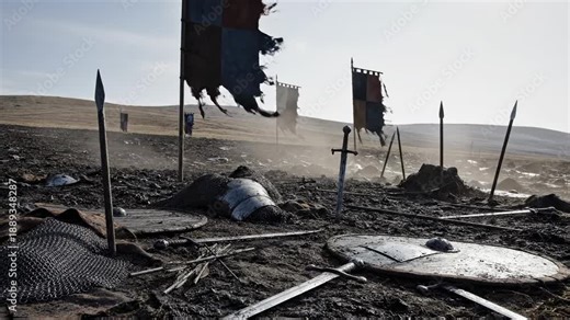 Deserted battlefield aftermath. A somber medieval battlefield scene showing fluttering banners and discarded weapons with no soldiers present.