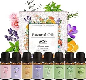 8 Pcs Pure Essential Oils Set for Diffuser, Home Care, Candle, Soap, Clean, Perfume, Laundry - Peppermint, Lavender, Rose, Clove-Organic Aromatherapy for Women and Mom Gift 10ml Each Mother's Day