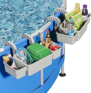 Poolside Storage for Above Ground Pool Accessories, Thickened Plastic Pool Basket with 2 Pool Cup Holder, Multifunctional Poolside Holder Fits for Most Frame Pools (2 Pack)