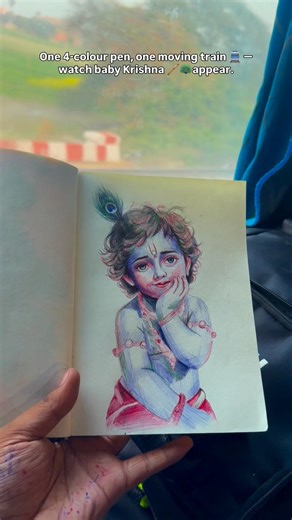 I drew baby 🪈Lord Krishna 🦚on a moving train 🚈— eyes reveal at the end #Shorts #krishna #viral